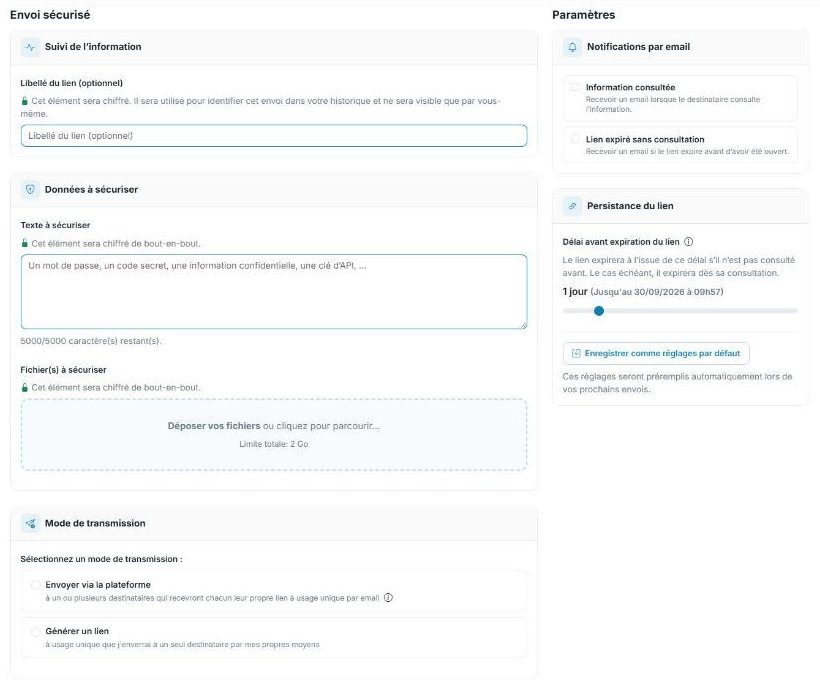 Transfert de fichiers chiffrés de bout en bout : formulaire d'envoi Wysam