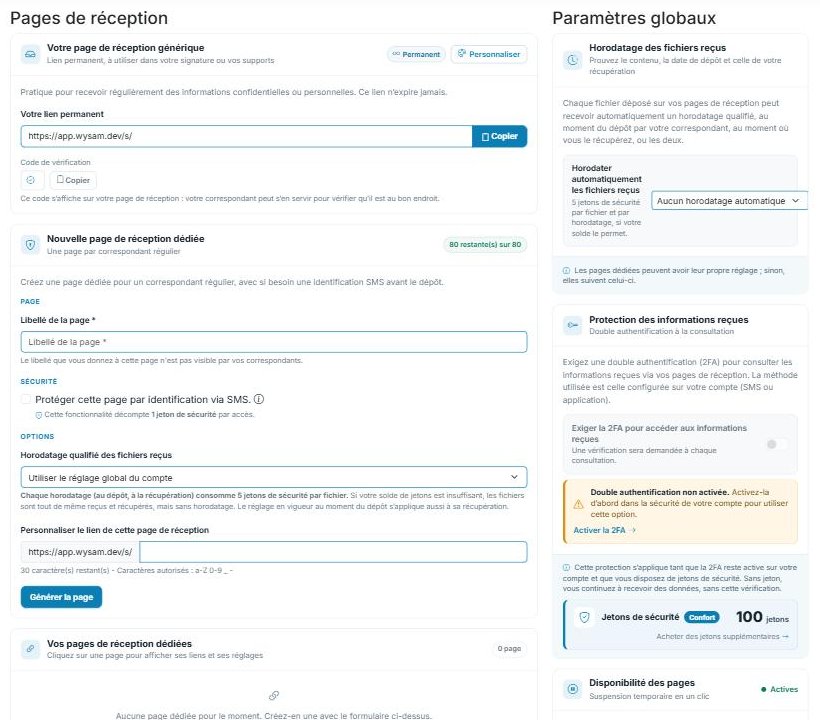 Page de dépôt sécurisé de documents Wysam vue par un correspondant